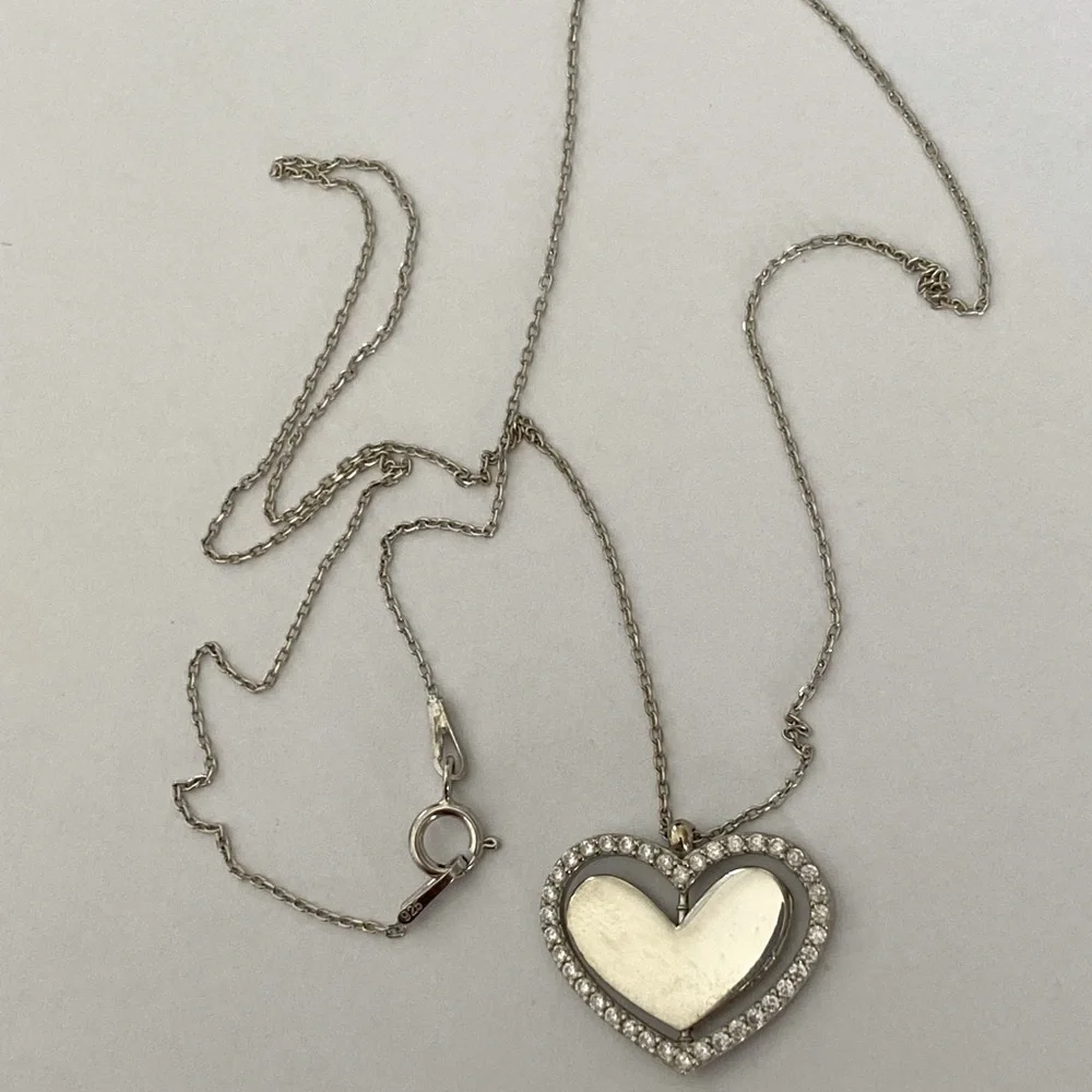 💗 Reversible spinning 925 silver heart necklace clear cubic zirconia cz stones